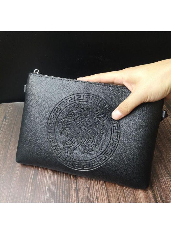 Tiger Head Soft Leather Clutch Bag Black Trendy Brand Clamp Bag Clutch Bag Social Spirit Guy Multifunctional Men's And Women's Bag Pu-Color:With Strap 1102 Embossed Deer Head-Size:Small