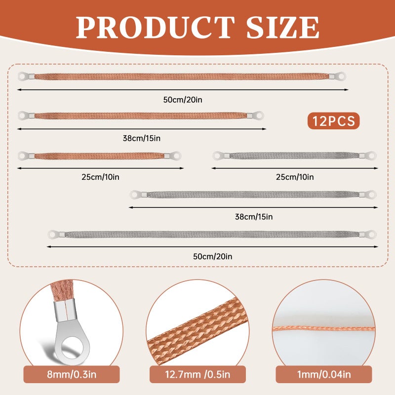 Tinsky 12PCS Automotive Ground Straps, 10/15/20 Inch Tinned Copper Braided Grounding Straps with Ring Terminals, Automotive Ground Cables for Car, Truck, RV, Boat, Motorcycle - Image 2