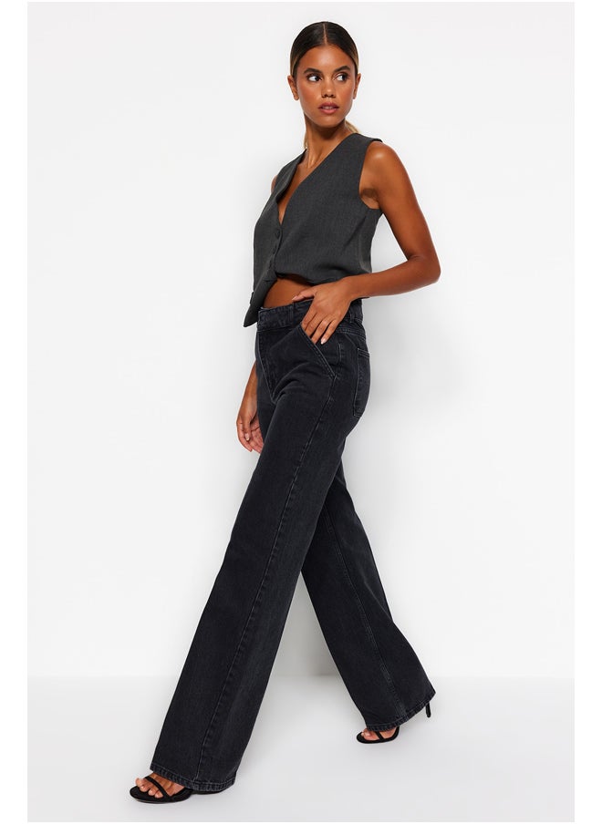 trendyol - Black Pocket Detailed High Waist Wide Leg Jeans TWOAW24JE00006 - Image 1