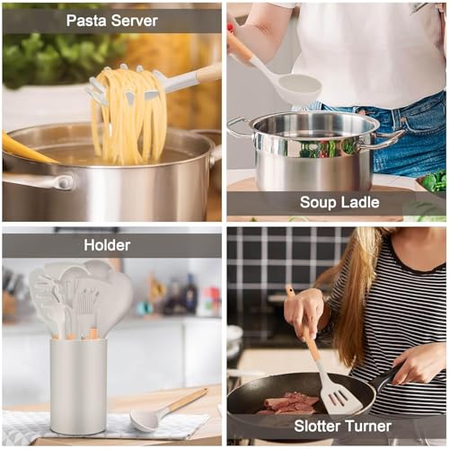 JUGTE Silicone Spatula for Kitchen | Non-Stick | Cooking Spatula with Wooden Handle | Turner Serving Cooking Spoon | Combs for Omelet Egg Dosa Chapati Sambar (Beige) - Image 4