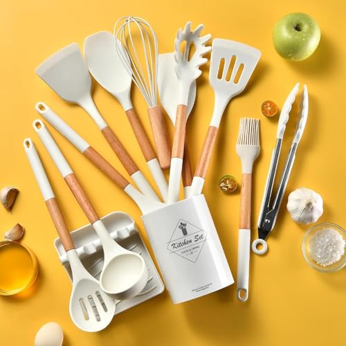 JUGTE Silicone Spatula for Kitchen | Non-Stick | Cooking Spatula with Wooden Handle | Turner Serving Cooking Spoon | Combs for Omelet Egg Dosa Chapati Sambar (Beige) - Image 1