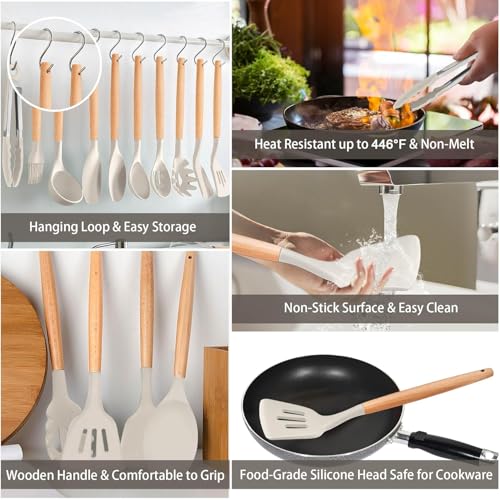 JUGTE Silicone Spatula for Kitchen | Non-Stick | Cooking Spatula with Wooden Handle | Turner Serving Cooking Spoon | Combs for Omelet Egg Dosa Chapati Sambar (Beige) - Image 3