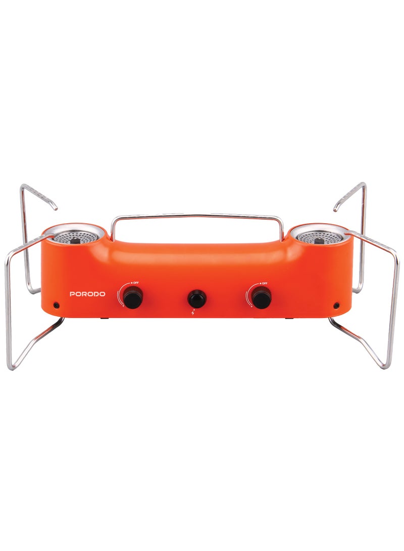 porodo Lifestyle Foldable 2 Burners Compact Camping Gas Stove / Butane Gas Fuel Type / Pulse Electronic Ignition System / 266g/h per Burner Gas Consumption / For Outdoor Cooking Hiking Backpacking Hunting - Orange - Image 1