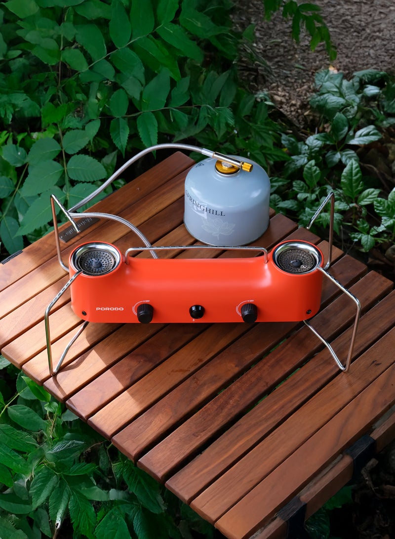 porodo Lifestyle Foldable 2 Burners Compact Camping Gas Stove / Butane Gas Fuel Type / Pulse Electronic Ignition System / 266g/h per Burner Gas Consumption / For Outdoor Cooking Hiking Backpacking Hunting - Orange - Image 2