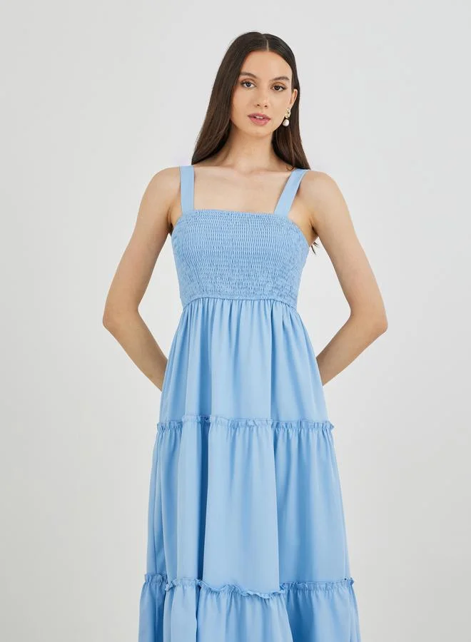 Take Two Take Two Solid Smocking Detail A-Line Strappy Midi Dress