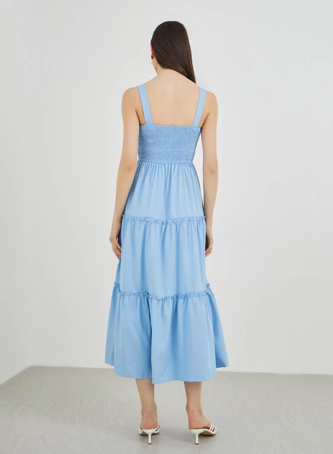 Take Two Take Two Solid Smocking Detail A-Line Strappy Midi Dress