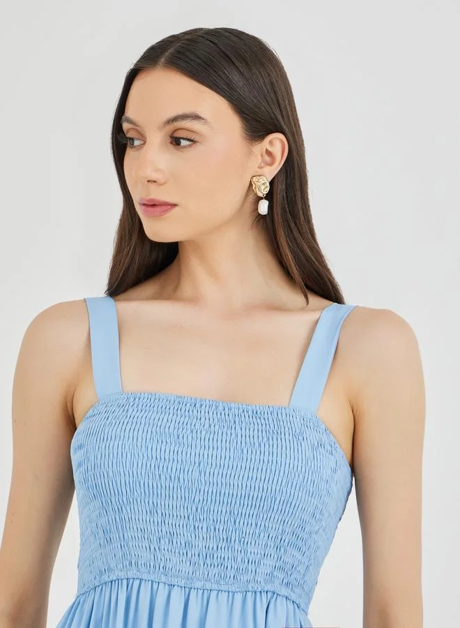 Take Two Take Two Solid Smocking Detail A-Line Strappy Midi Dress