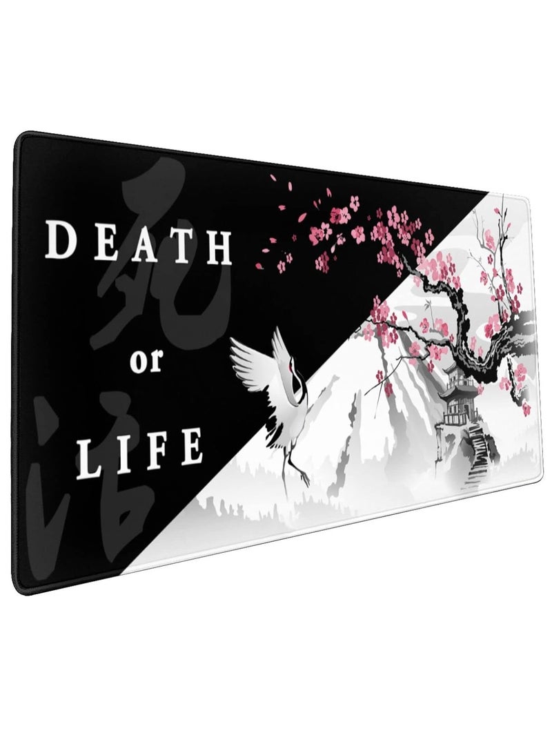 وسادة ماوس يابانية سوداء وبيضاء (70x30x2 مم) وردية اللون من زهر الكرز ممتدة كبيرة غير قابلة للانزلاق بقاعدة مطاطية كبيرة ولوحة  مفاتيح كبيرة بحواف مخيطة لمكتب الألعاب - Image 1