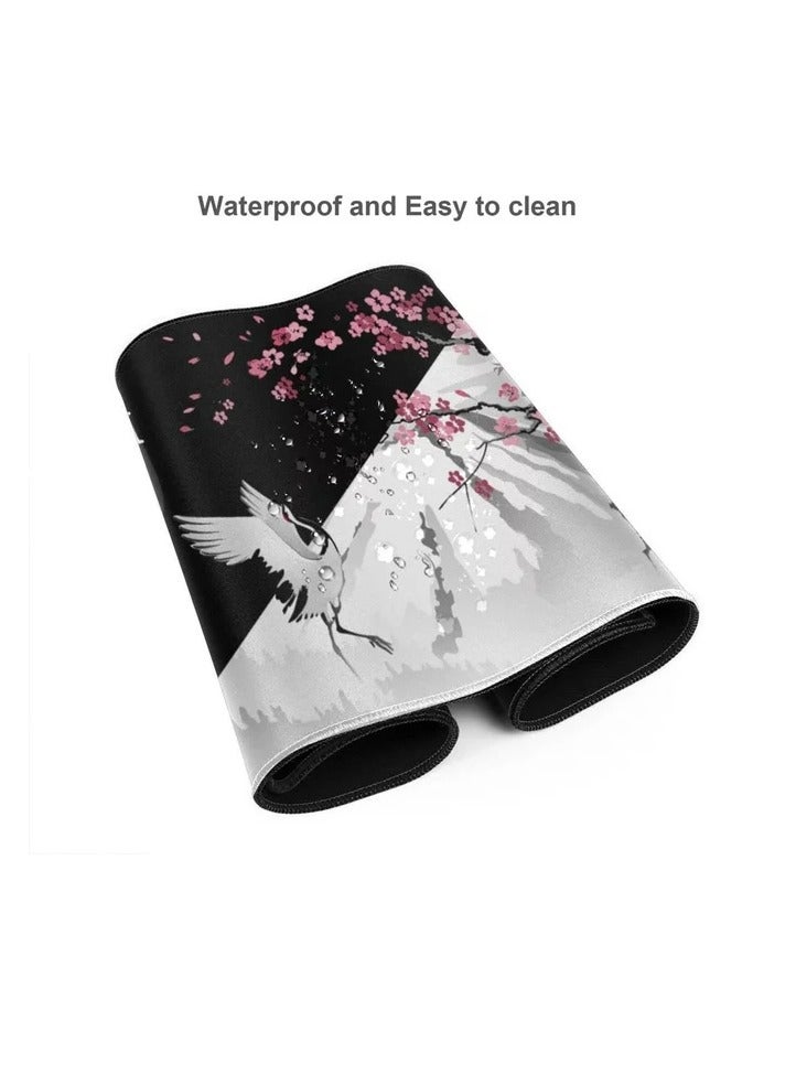 وسادة ماوس يابانية سوداء وبيضاء (70x30x2 مم) وردية اللون من زهر الكرز ممتدة كبيرة غير قابلة للانزلاق بقاعدة مطاطية كبيرة ولوحة  مفاتيح كبيرة بحواف مخيطة لمكتب الألعاب - Image 2