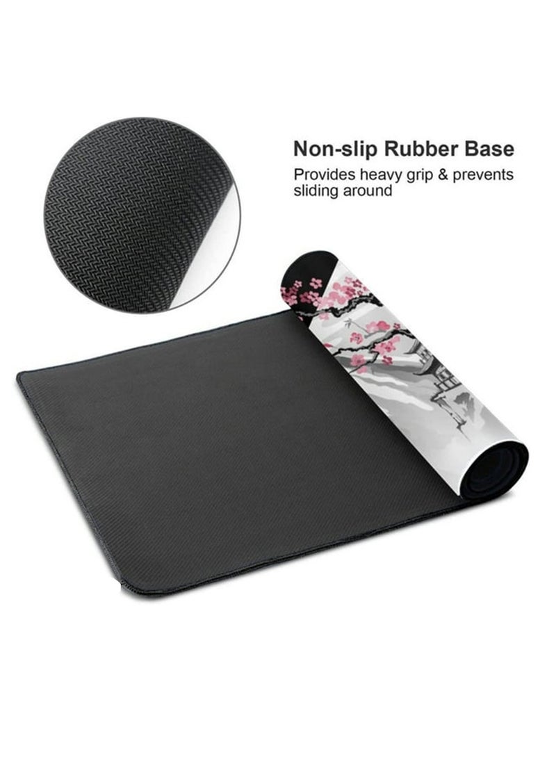 وسادة ماوس يابانية سوداء وبيضاء (70x30x2 مم) وردية اللون من زهر الكرز ممتدة كبيرة غير قابلة للانزلاق بقاعدة مطاطية كبيرة ولوحة  مفاتيح كبيرة بحواف مخيطة لمكتب الألعاب - Image 4