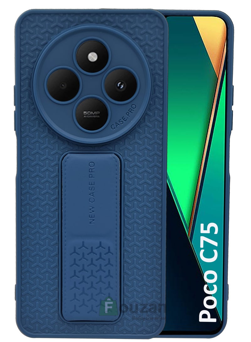 For Xiaomi Poco C75 - Semi Soft Silicone Magnetic Back Stand Case  With Foldable Kickstand & Finger Strap  - Blue  - Image 1