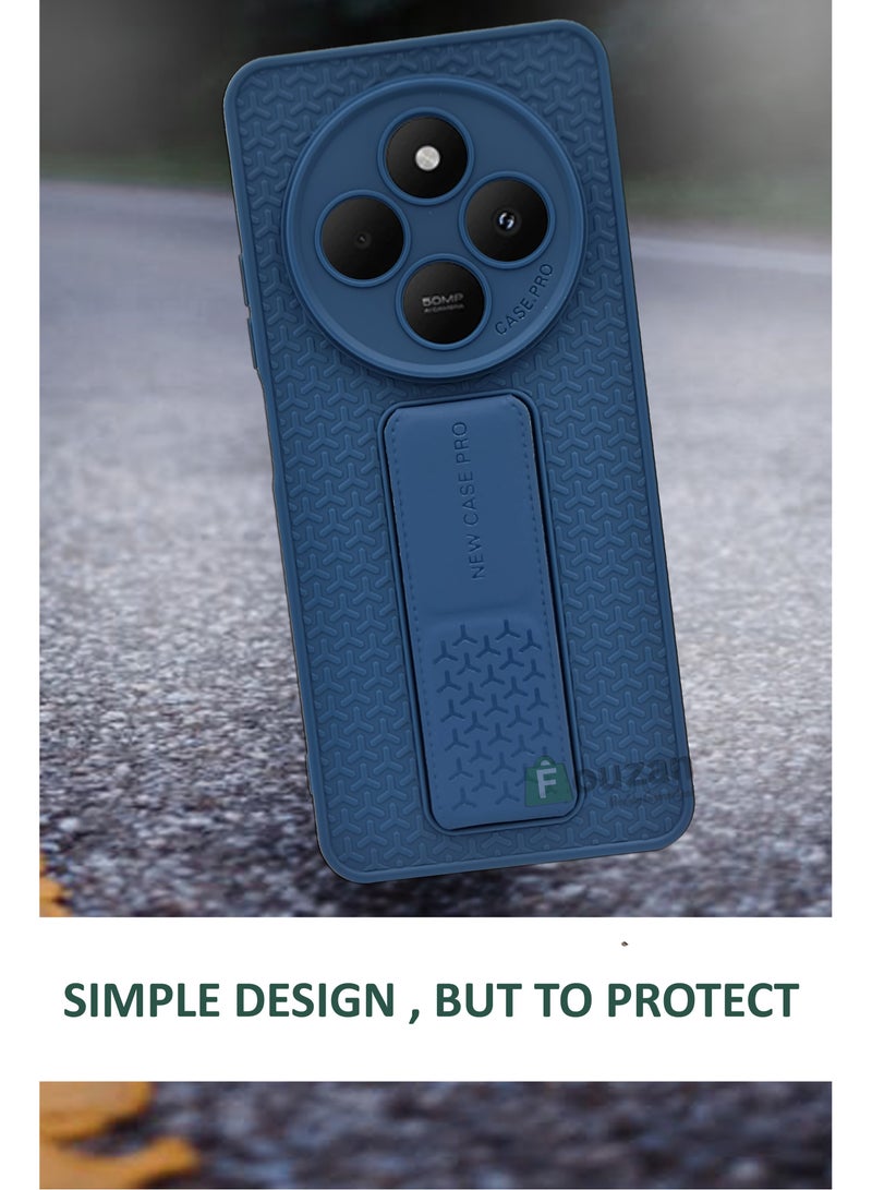 For Xiaomi Poco C75 - Semi Soft Silicone Magnetic Back Stand Case  With Foldable Kickstand & Finger Strap  - Blue  - Image 2