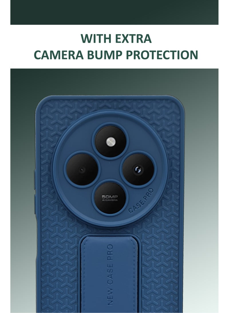 For Xiaomi Poco C75 - Semi Soft Silicone Magnetic Back Stand Case  With Foldable Kickstand & Finger Strap  - Blue  - Image 3