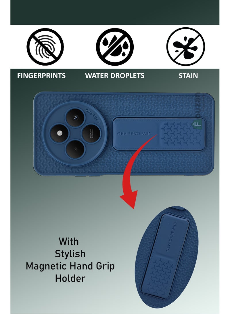 For Xiaomi Poco C75 - Semi Soft Silicone Magnetic Back Stand Case  With Foldable Kickstand & Finger Strap  - Blue  - Image 4