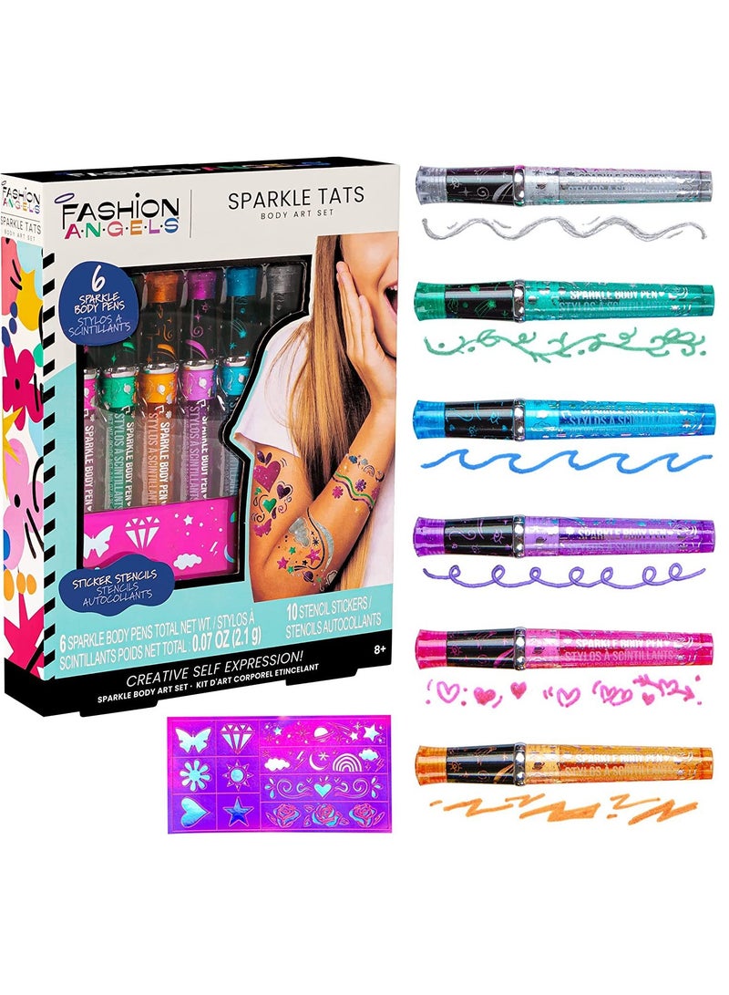 SYOSI 6 In 1 Sparkle Art Temporary Tattoos for Kids Shimmery Tattoo Pens Washable Ink 6 Markers with Stencil Stickers for Girls Boys Theme Party Birthday Gifts Supplies Decorations - Image 1
