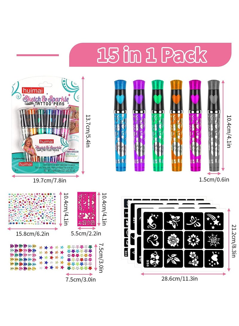 SYOSI 6 In 1 Sparkle Art Temporary Tattoos for Kids Shimmery Tattoo Pens Washable Ink 6 Markers with Stencil Stickers for Girls Boys Theme Party Birthday Gifts Supplies Decorations - Image 3