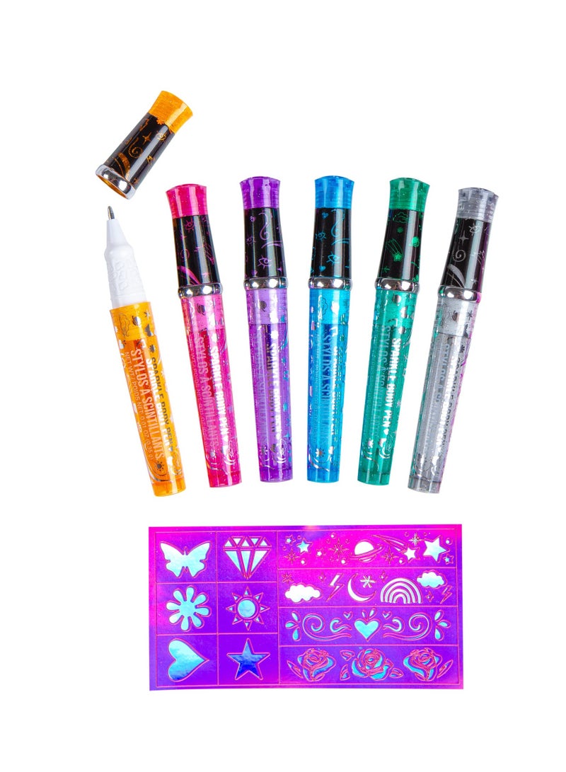 SYOSI 6 In 1 Sparkle Art Temporary Tattoos for Kids Shimmery Tattoo Pens Washable Ink 6 Markers with Stencil Stickers for Girls Boys Theme Party Birthday Gifts Supplies Decorations - Image 5