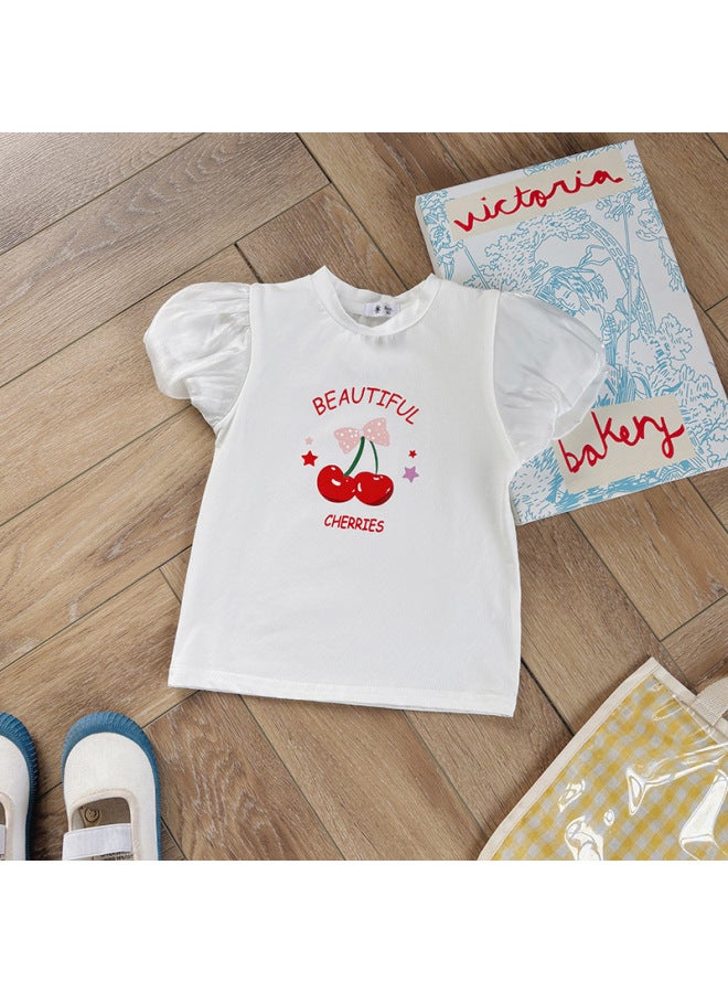 Girls' Summer New Arrival Mesh Bubble Sleeve Cartoon Bunny T-shirt Korean Style Mesh Sleeve Round Neck Top For Toddlers And Kids