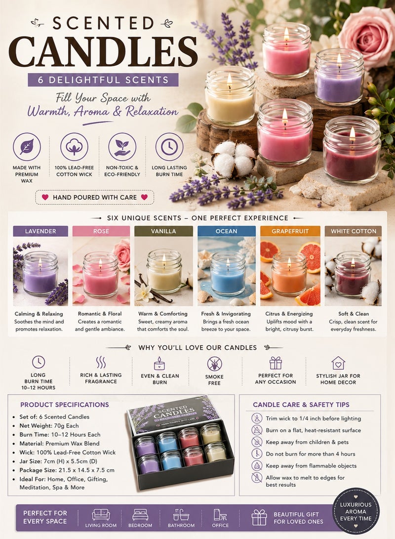 شمعة معطرة من شمع الصويا الطبيعي للمنزل، 6 قطع من الشموع الملونة ذات الفتيل الواحد في برطمانات زجاجية، مدة احتراق تصل إلى 100 ساعة، مثالية للاحتفال بالذكرى السنوية، وأعياد الميلاد، وعيد الأم، والاستحمام، والمنتجعات الصحية، والتأمل. - Image 3