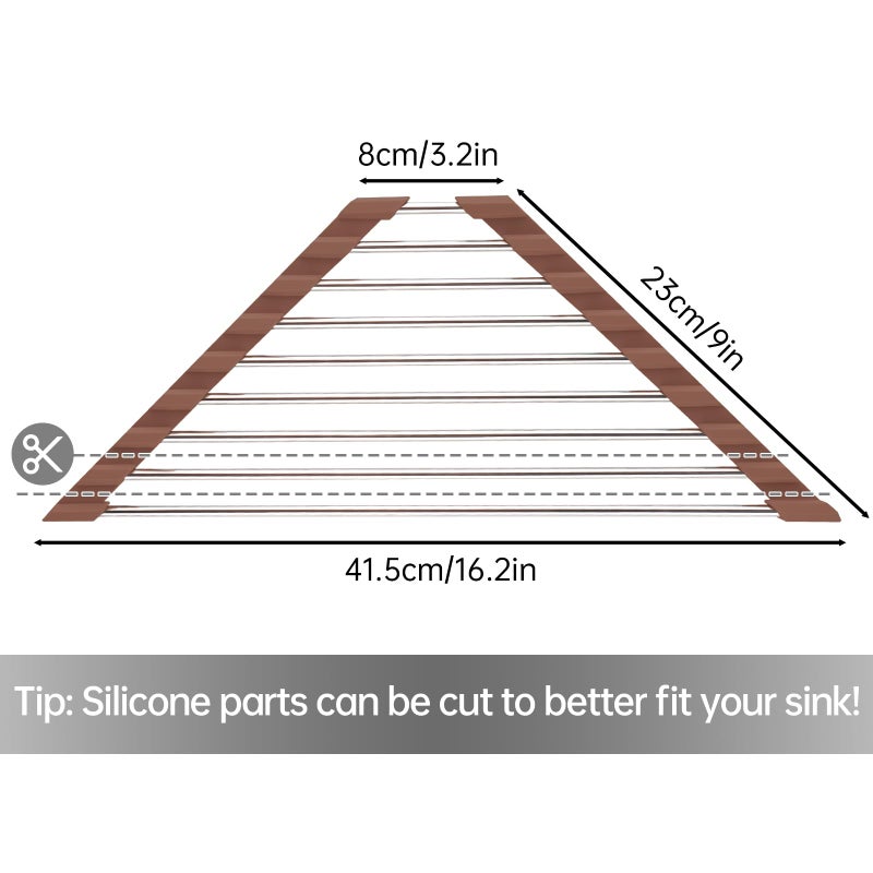 Tomorotec Triangle Roll-Up Dish Drying Rack for Sink Corner Small Foldable Stainless Steel Over The Sink Multipurpose Kitchen Drainer Caddy Trivet Rustproof Storage Shelf (Chocolate Brown) - Image 4