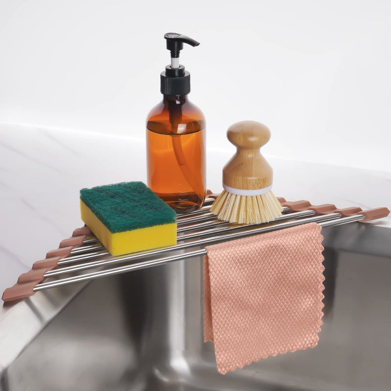 Tomorotec Triangle Roll-Up Dish Drying Rack for Sink Corner Small Foldable Stainless Steel Over The Sink Multipurpose Kitchen Drainer Caddy Trivet Rustproof Storage Shelf (Chocolate Brown) - Image 1