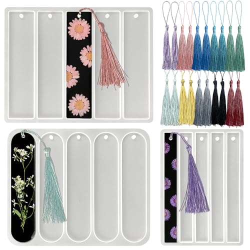 RESINWORLD Set of 3 Shiny Bookmarks Silicone Mold, Bookmark Resin Mold with Tassels, Small Medium Rectangle Bookmark Mold - Image 1