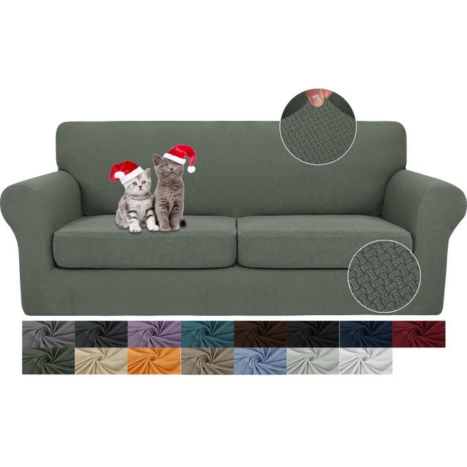3 PIECES COUCH COVERS FOR 2 CUSHION COUCH STRETCH SOFA SLIPCOVER WITH 2 EXTRA LARGE SEAT CUSHION COVERS THICK FITTED LOVESEAT SOFA COVERS FOR LIVING ROOM XL LOVESEAT ARMY GREEN