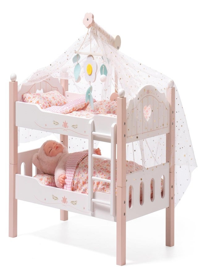 ROBUD Baby Doll Crib, Wooden Baby Doll Beds for 20 Inch Dolls, Baby Doll Bunk Beds with Tulle, American Girl Doll Bed for Gifts, Pink - Image 1
