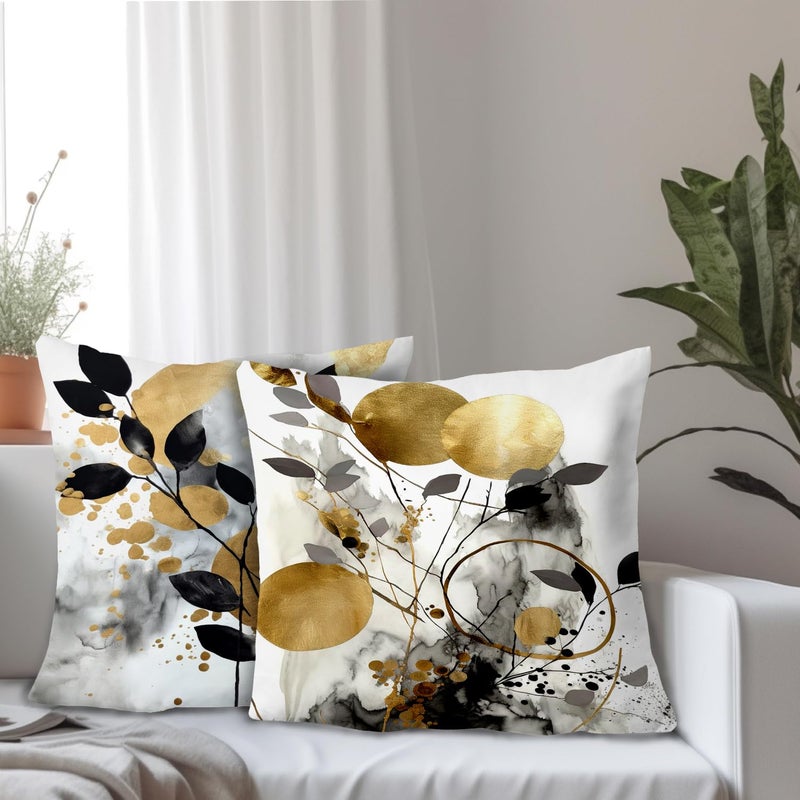 Supwhd Black and Gold Botanical Pillow Covers 20x20 Set of 2  Abstract Modern Decorative Throw Pillow Covers for Living Room Bedroom  Modern Home Decor  Black and Gold Bedroom Living Room Decor - Image 2