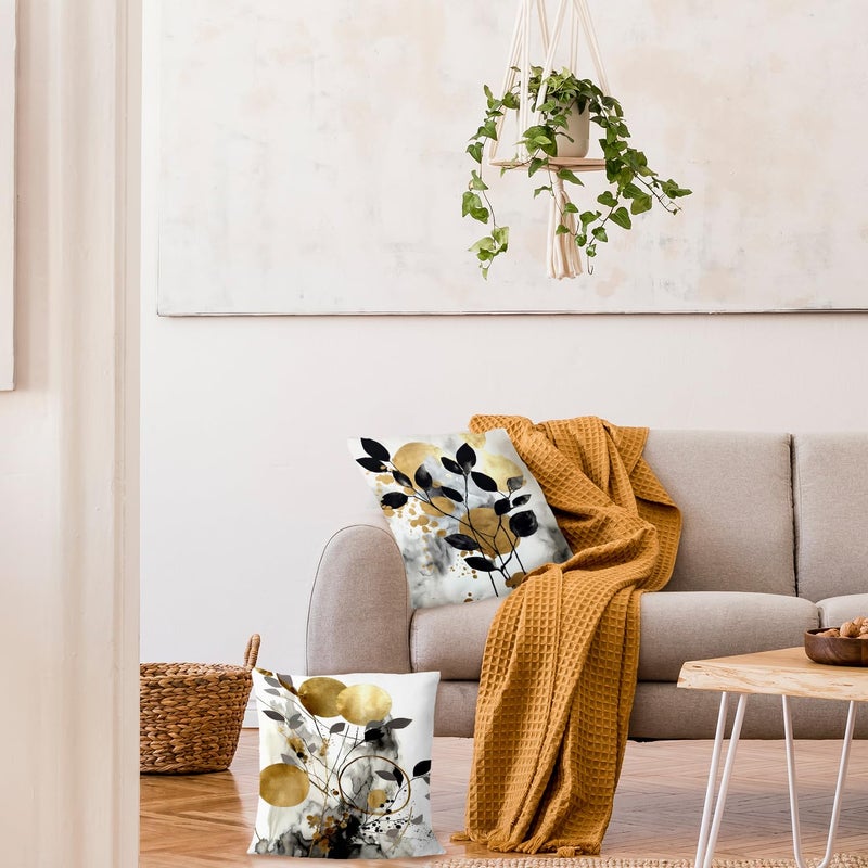 Supwhd Black and Gold Botanical Pillow Covers 20x20 Set of 2  Abstract Modern Decorative Throw Pillow Covers for Living Room Bedroom  Modern Home Decor  Black and Gold Bedroom Living Room Decor - Image 4