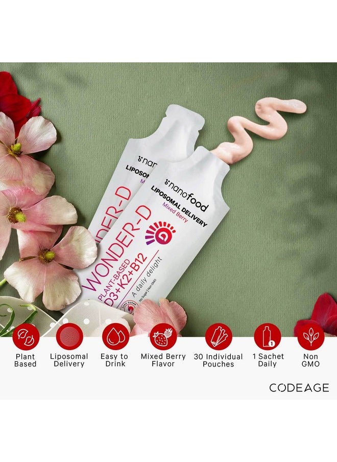 Codeage Codeage Liposomal Vitamin D3 Liquid Supplement Sachet, Wonder-D Cholecalciferol Vegan Liquid Multivitamin, Plant-Based Vitamins K2 B12, Non-GMO Phospholipids, Vitamin E, Berry Flavor - 30 Pouches  - Image 3