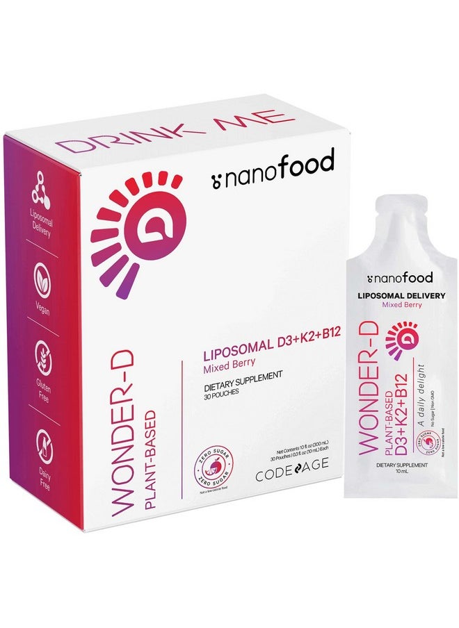 Codeage Codeage Liposomal Vitamin D3 Liquid Supplement Sachet, Wonder-D Cholecalciferol Vegan Liquid Multivitamin, Plant-Based Vitamins K2 B12, Non-GMO Phospholipids, Vitamin E, Berry Flavor - 30 Pouches  - Image 1