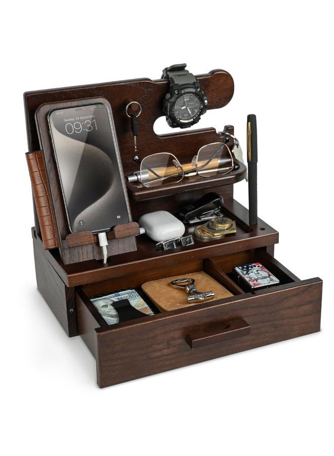 TESLYAR Wood Phone Docking Station with Drawer - Nightstand Organizer - Desk Organizer for Husband - Birthday Gifts for Men or Dad - Anniversary Idea - Key Holder Stand Watch & Accessories (Walnut) - Image 1