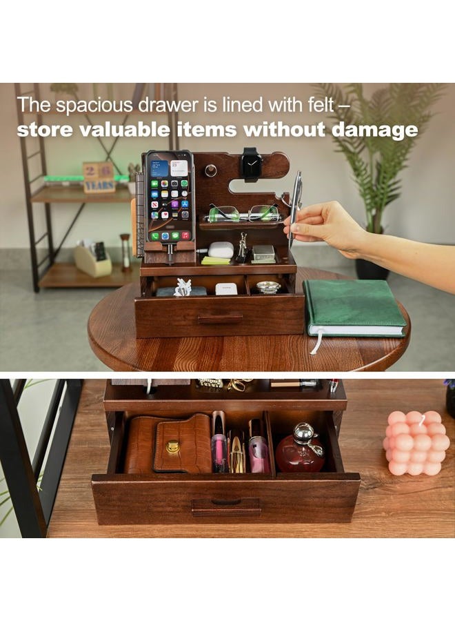 TESLYAR Wood Phone Docking Station with Drawer - Nightstand Organizer - Desk Organizer for Husband - Birthday Gifts for Men or Dad - Anniversary Idea - Key Holder Stand Watch & Accessories (Walnut) - Image 2