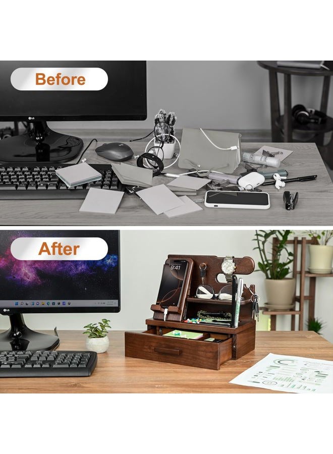 TESLYAR Wood Phone Docking Station with Drawer - Nightstand Organizer - Desk Organizer for Husband - Birthday Gifts for Men or Dad - Anniversary Idea - Key Holder Stand Watch & Accessories (Walnut) - Image 3