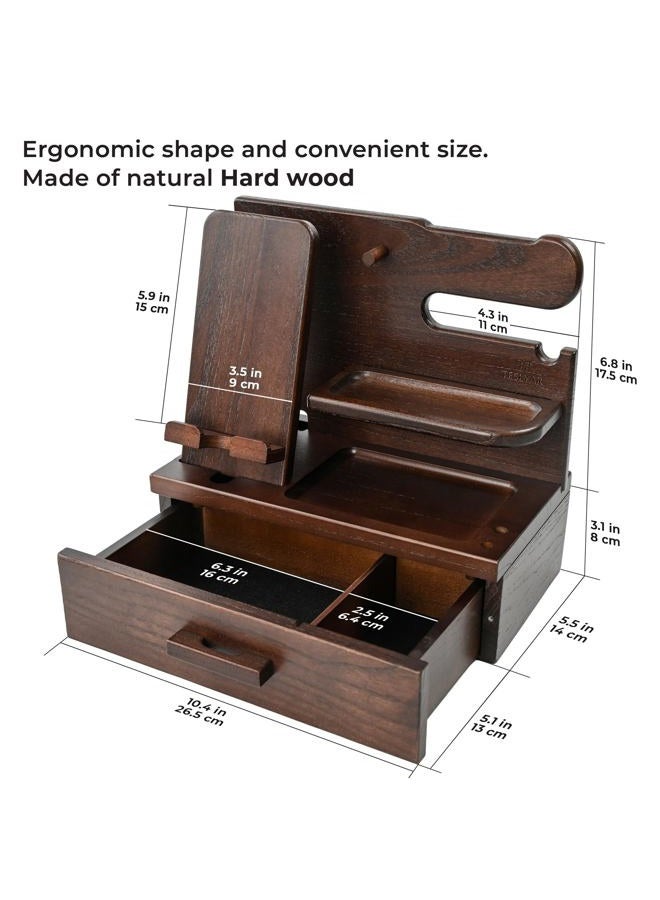 TESLYAR Wood Phone Docking Station with Drawer - Nightstand Organizer - Desk Organizer for Husband - Birthday Gifts for Men or Dad - Anniversary Idea - Key Holder Stand Watch & Accessories (Walnut) - Image 5