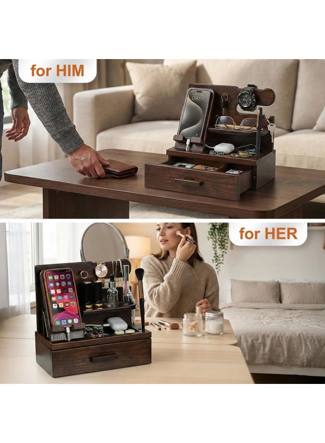 TESLYAR Wood Phone Docking Station with Drawer - Nightstand Organizer - Desk Organizer for Husband - Birthday Gifts for Men or Dad - Anniversary Idea - Key Holder Stand Watch & Accessories (Walnut) - Image 4
