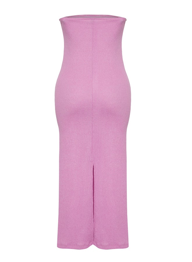 trendyol Pink Strapless Pleated Bodycon Midi Stretchy Knitted Pencil Dress - Image 4