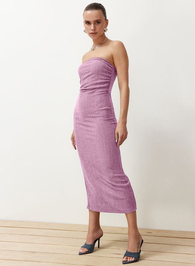 trendyol Pink Strapless Pleated Bodycon Midi Stretchy Knitted Pencil Dress - Image 3