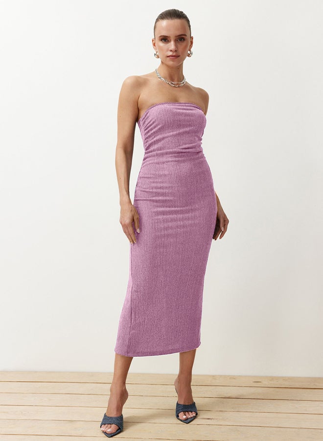 trendyol Pink Strapless Pleated Bodycon Midi Stretchy Knitted Pencil Dress - Image 2