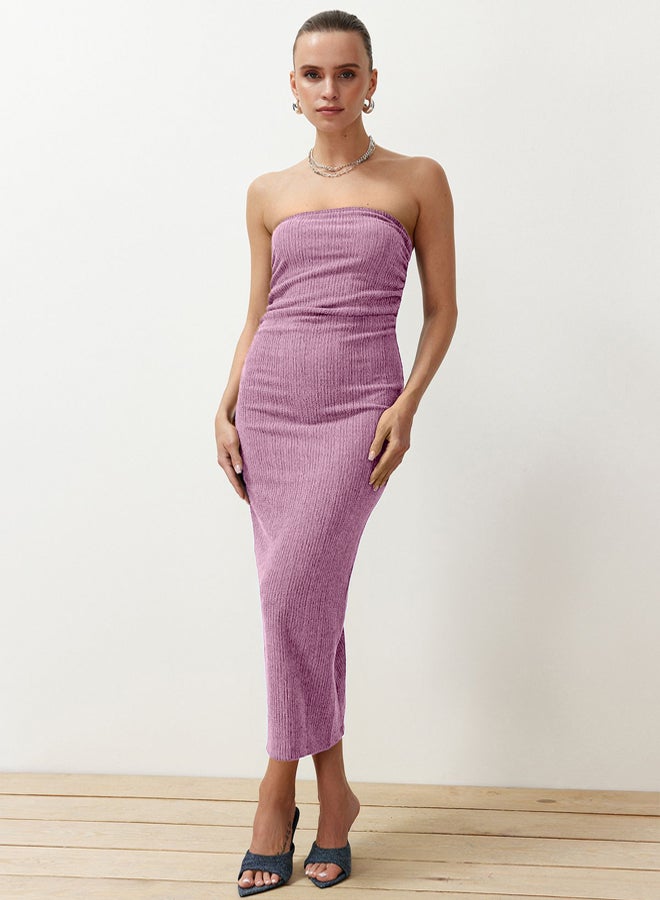 trendyol Pink Strapless Pleated Bodycon Midi Stretchy Knitted Pencil Dress - Image 5