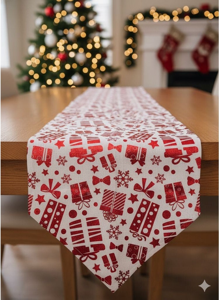 Christmas Table Runner, Christmas Accessories, Decorative Runner with Reindeer, Santa Claus, and Christmas Designs, Linen Fabric, Runner Length: 180 cm - Image 1