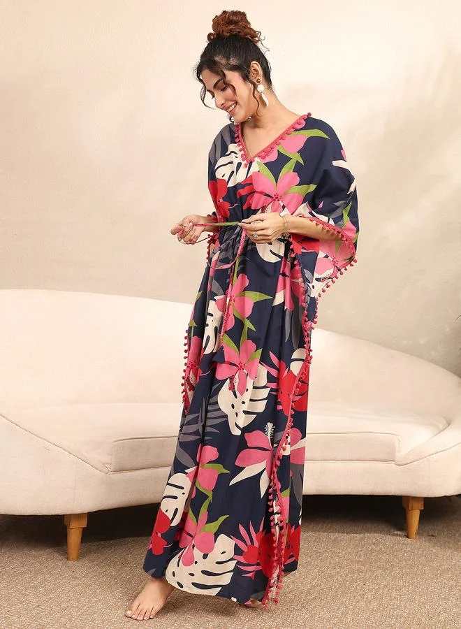 Libas Blue Floral Print Kaftan Nightdress