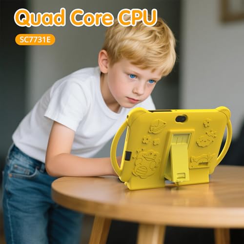 PEICHENG Kids Tablet 7 inch Android 12.0 for Toddler, 4GB RAM 32GB ROM Bluetooth IPS Screen Parental Control Dual Camera Shockproof Case for Educational Games (Yellow) - Image 4