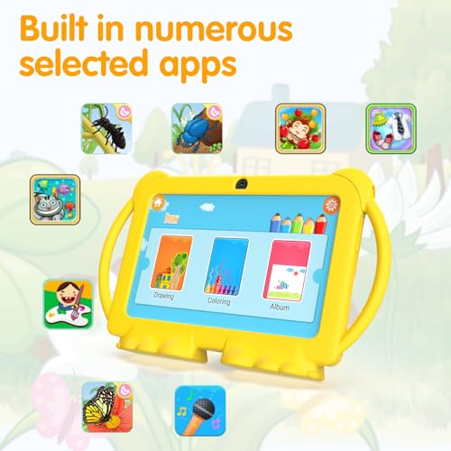 PEICHENG Kids Tablet 7 inch Android 12.0 for Toddler, 4GB RAM 32GB ROM Bluetooth IPS Screen Parental Control Dual Camera Shockproof Case for Educational Games (Yellow) - Image 3