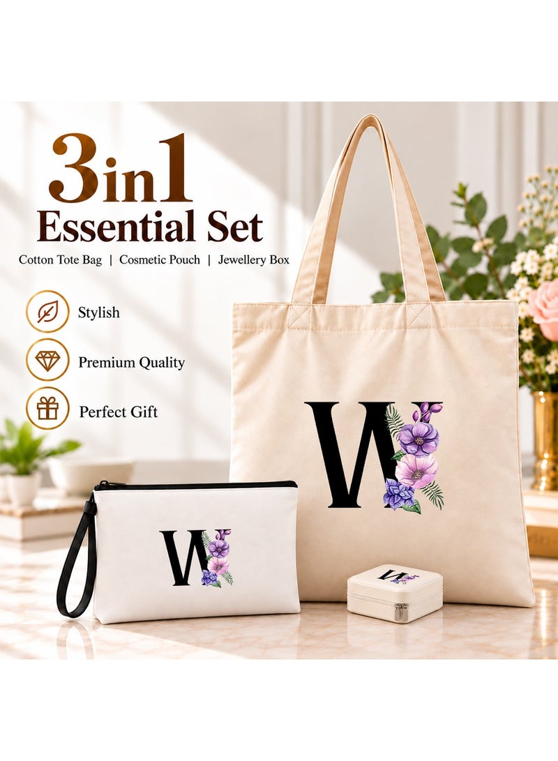 برينت شوب فور مي مجموعة هدايا (حرف مزين بالزهور): حقيبة تسوق (Tote Bag) + حقيبة صغيرة (Pouch) + علبة مجوهرات (3 في 1) - Image 2