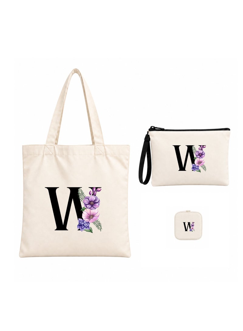 برينت شوب فور مي مجموعة هدايا (حرف مزين بالزهور): حقيبة تسوق (Tote Bag) + حقيبة صغيرة (Pouch) + علبة مجوهرات (3 في 1) - Image 1