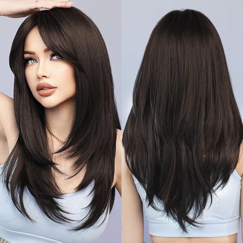 7JHH WIGS Long Natural Black Wig with Bangs Straight Wigs for WomenHeat Resistant Layered Synthetic Wigs for Daily Use