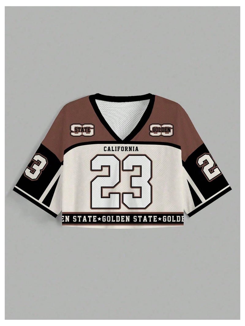 MakeMeChic Women's Football Jersey Shirts Y2K Number Crop Tops Soccer Jersey Tee Streetwear Brown White Medium - Image 4