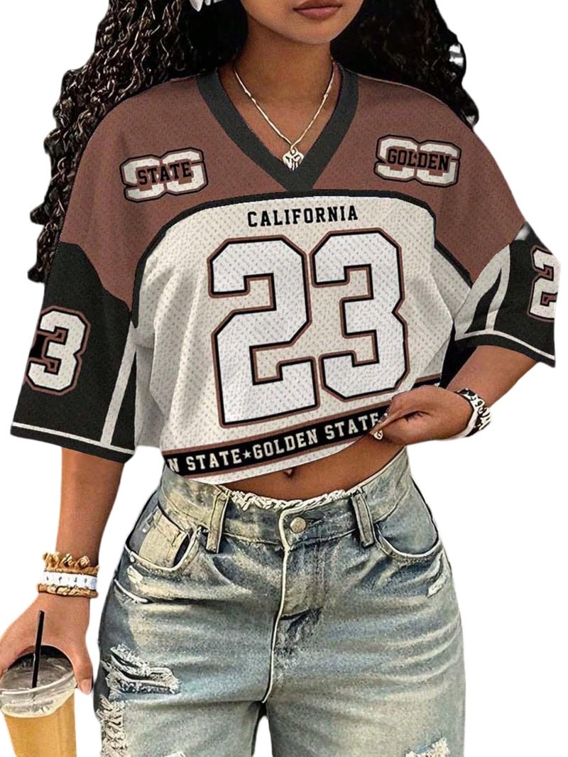 MakeMeChic Women's Football Jersey Shirts Y2K Number Crop Tops Soccer Jersey Tee Streetwear Brown White Medium - Image 1